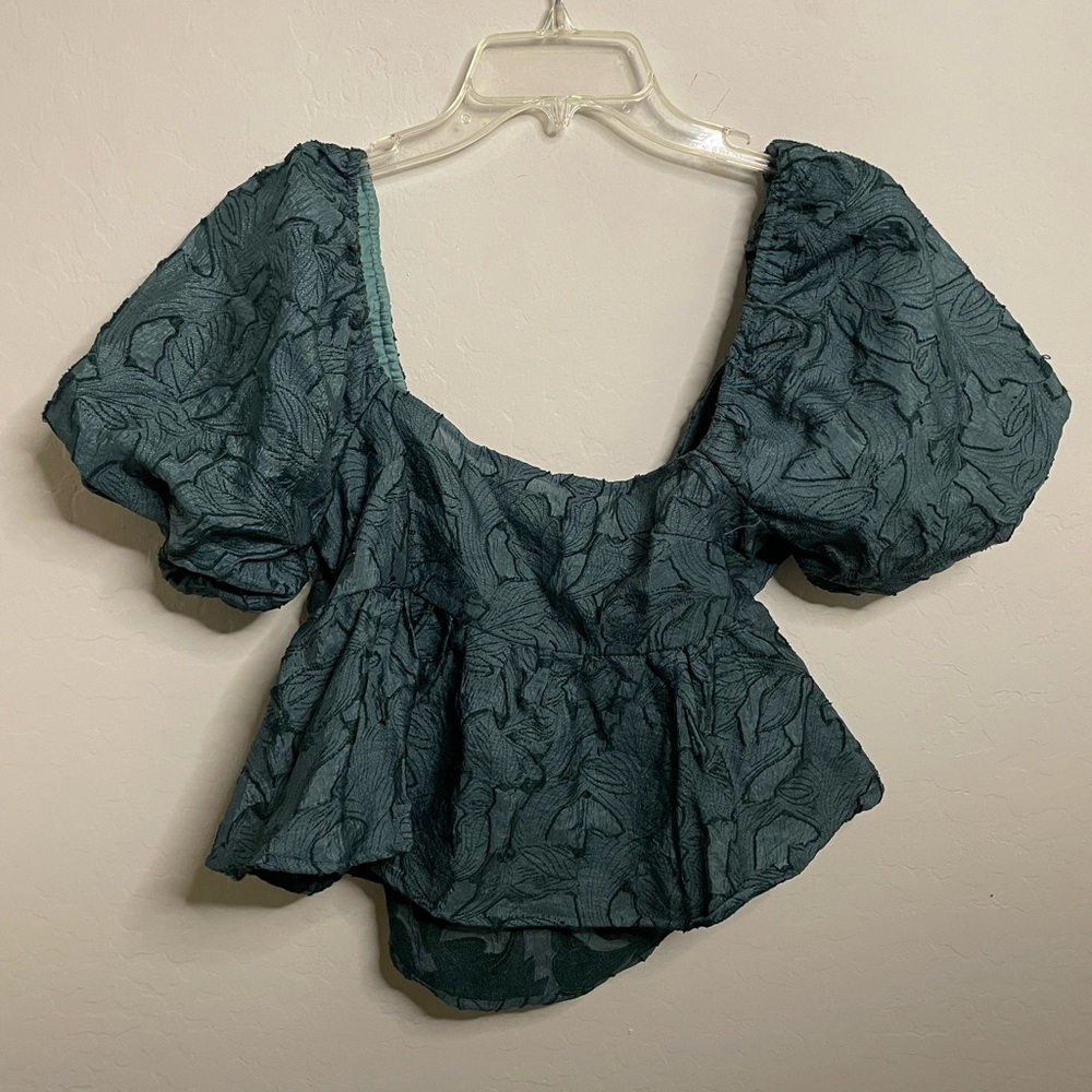 Altar'd State Green Puff Sleeve Peplum Blouse
